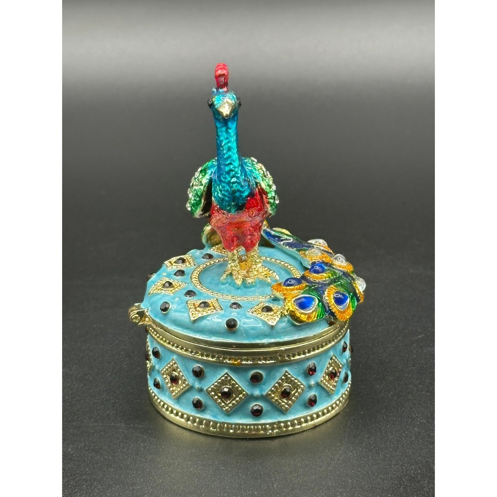 Vintage Peacock Trinket Box Enameled Cloisonne Bejeweled Crystal Hinged Case - Picture 5 of 9